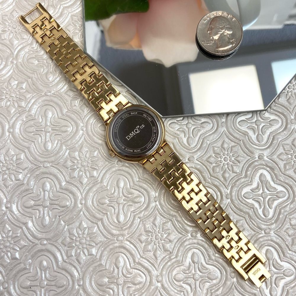 DMQ Diamonique CZ Bezel Mother of Pearl Dial Gold-Tone Dress Watch - Picture 10 of 16